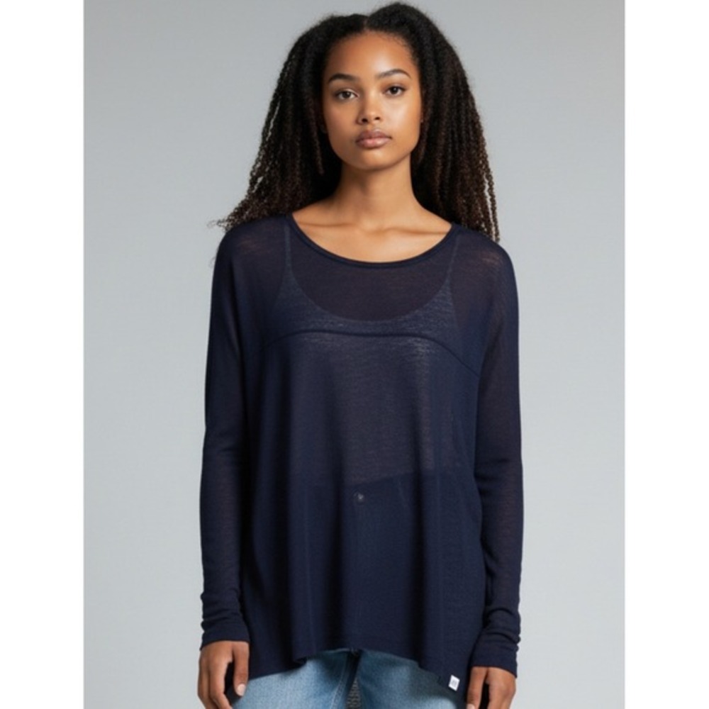 Eileen Fisher Top Navy S Women Organic Linen Blend Sheer Long Sleeve Lightweight